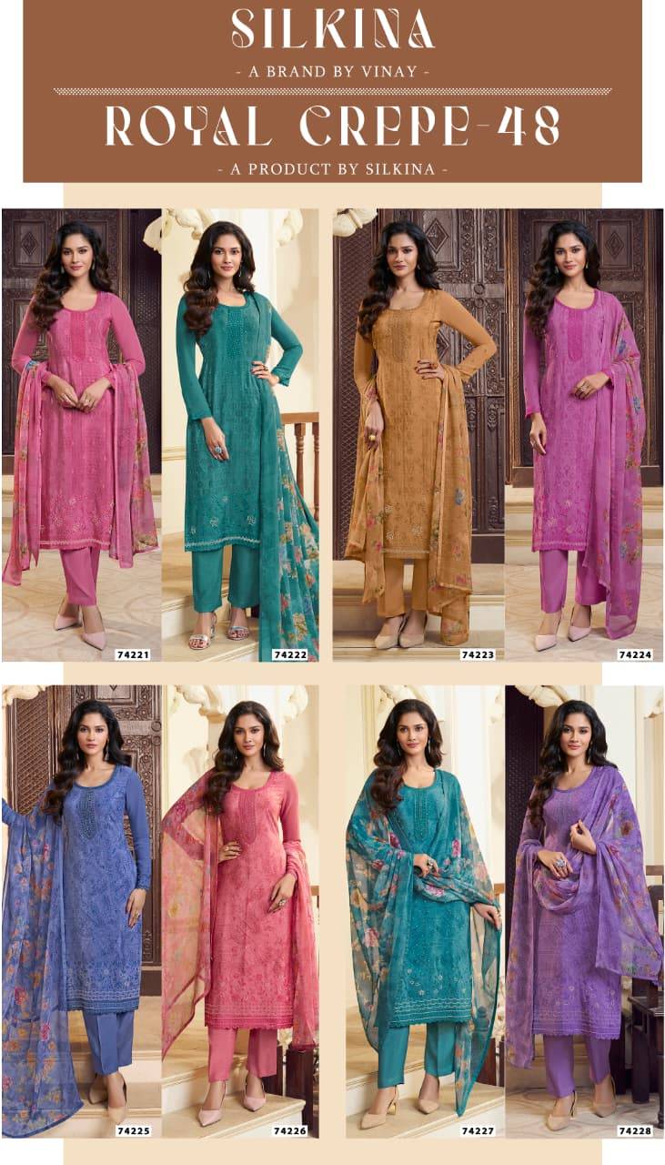 SILKINA-ROYAL CREPE 48 by  VINAY FASHION 74221 to 74228 series Pakistani Suits Colorful casual Wear Digital printed Dresses At Wholesale